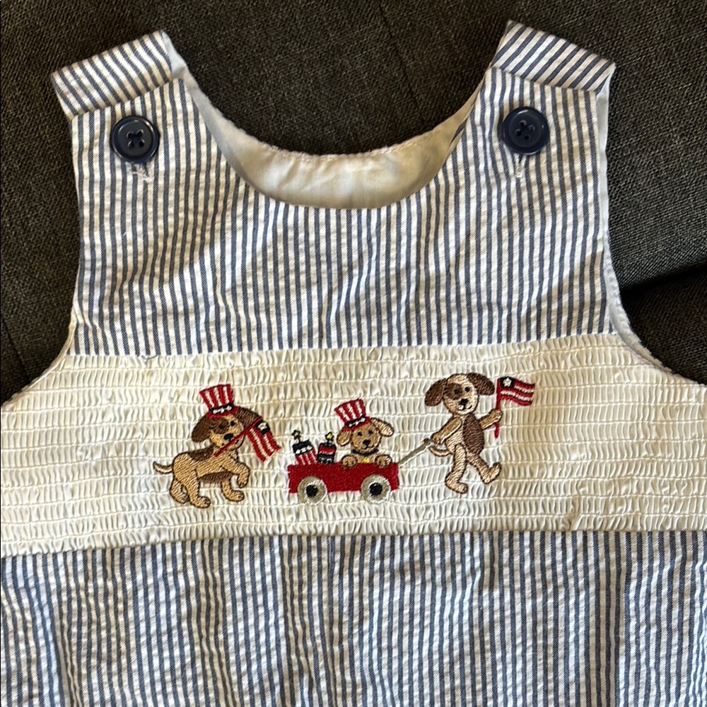 Striped Baby Romper with Embroidered Dogs